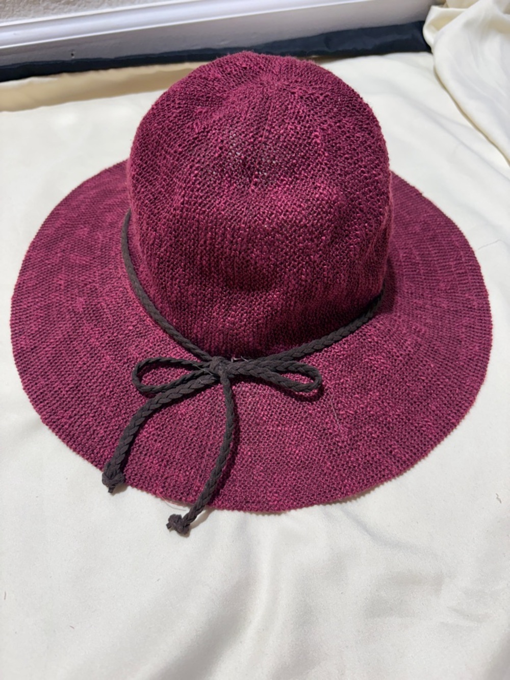 Wide Brim Knit Sun Hat - Burgundy